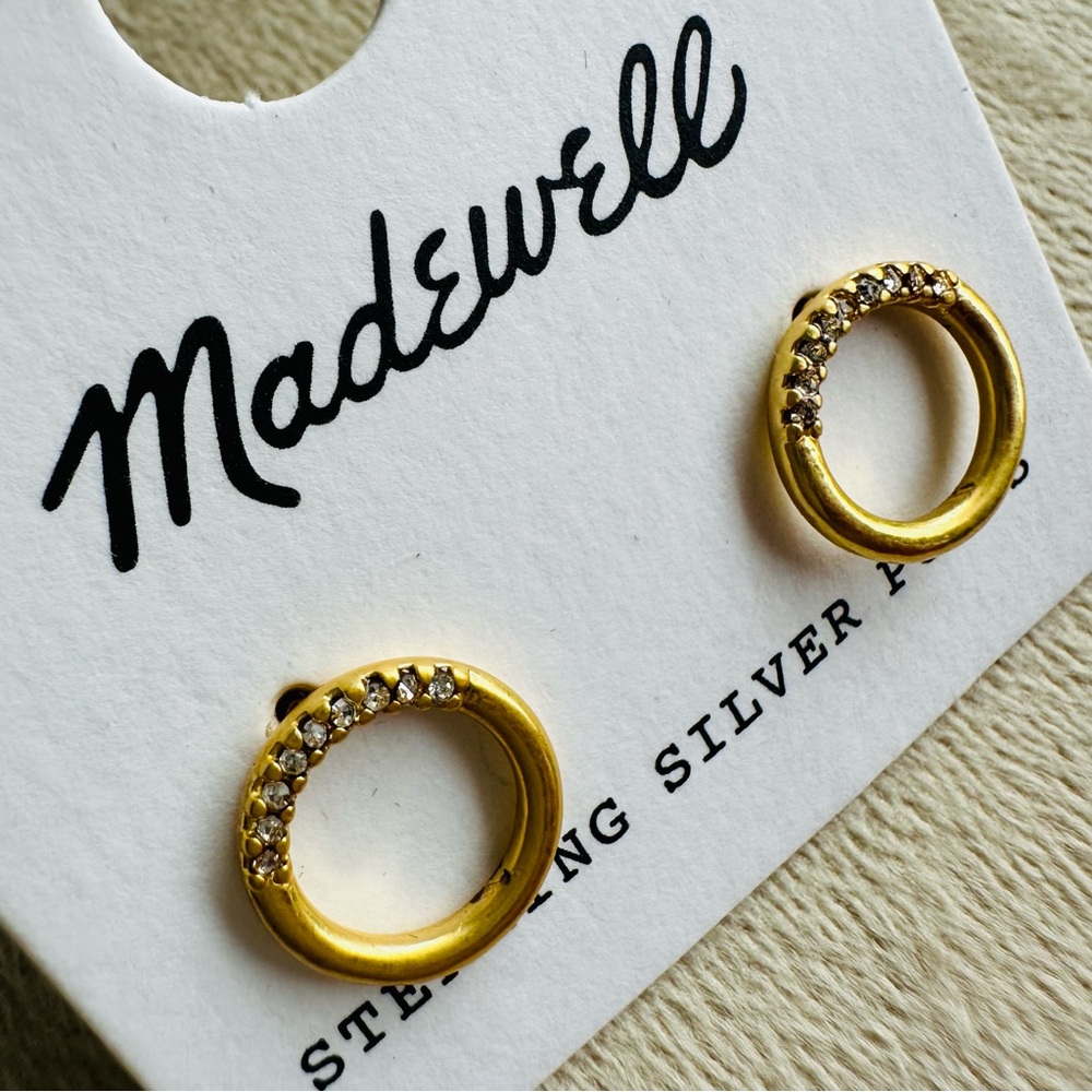 Madewell Gold Tone Circle Stud Earrings | Pavé Detail | Sterling Silver Posts